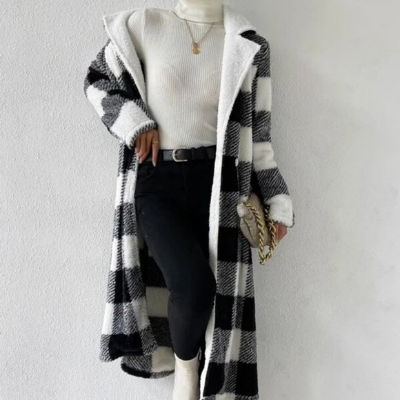 Black white Buffalo Plaid Open Front Flannel Longline Coat Jacket - Picture 5 of 6